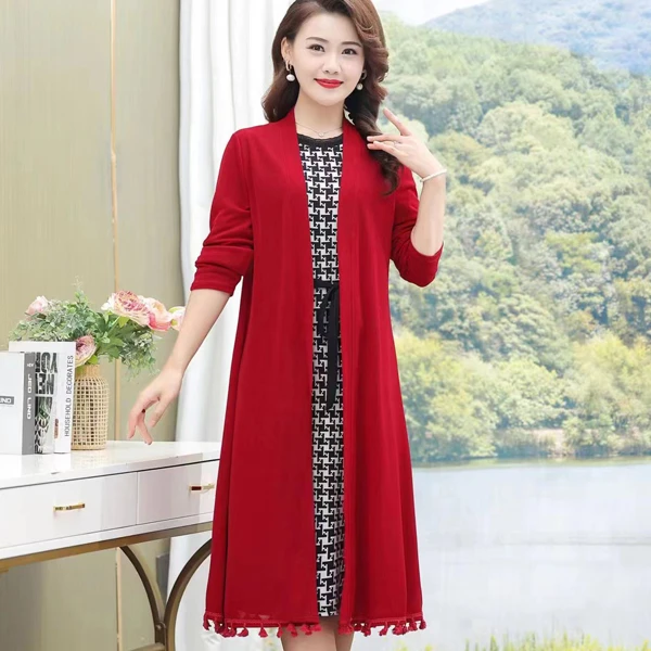 春秋季时尚百搭流苏长款披肩宽松中长款外搭气质长袖大码洋气开衫