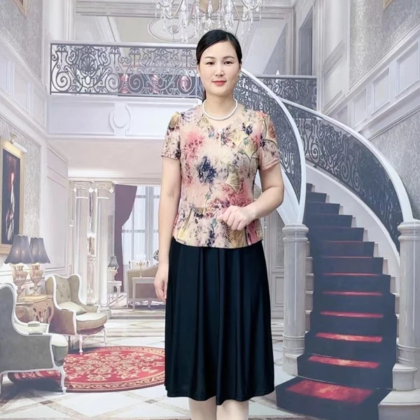 夏季时尚V领假两件连衣裙显瘦碎花a字中老年中长裙洋气百搭中长裙