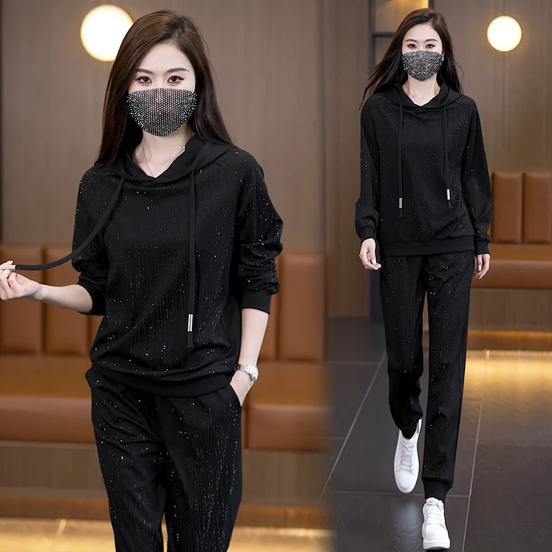 高端烫钻时尚休闲套装2025春季新款女装宽松显瘦洋气卫衣两件套