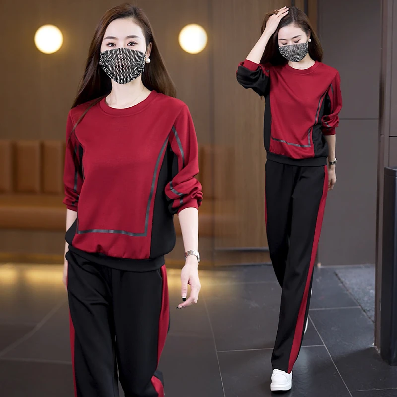 休闲运动套装2025春季新款时尚减龄显瘦撞色圆领卫衣阔腿裤两件套