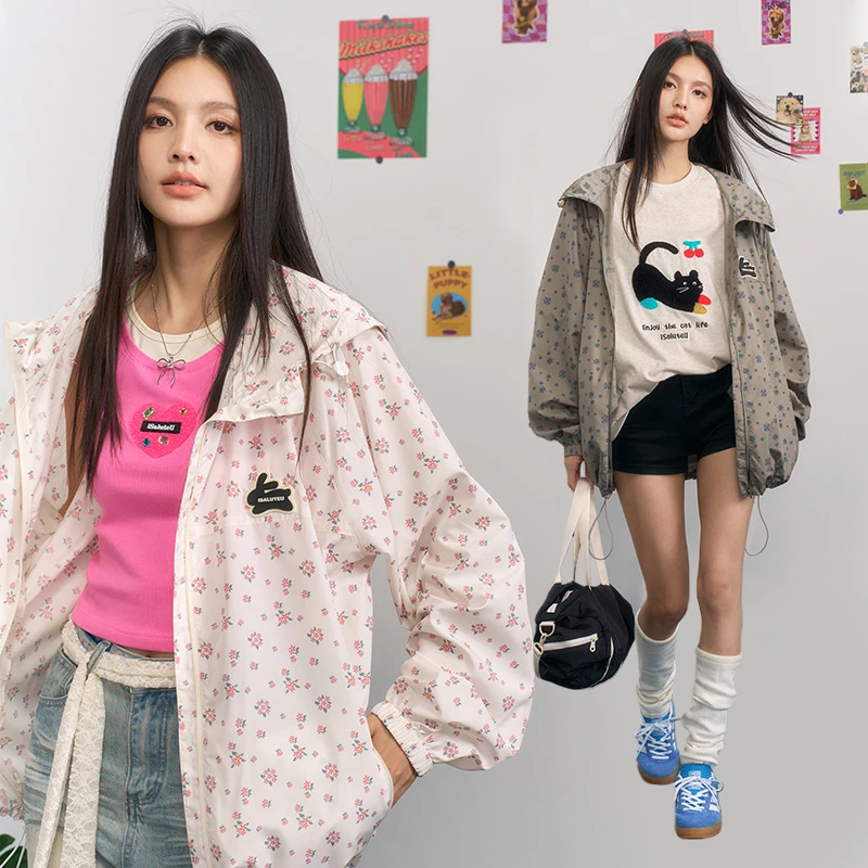 iSaluteU 复古碎花满印情侣短款外套女夏季凉感轻薄防晒衣UPF50+