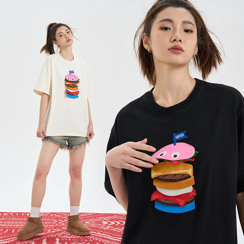 iSaluteU卡通汉堡布标有趣印花情侣T恤半袖OVERSIZE宽松圆领短袖