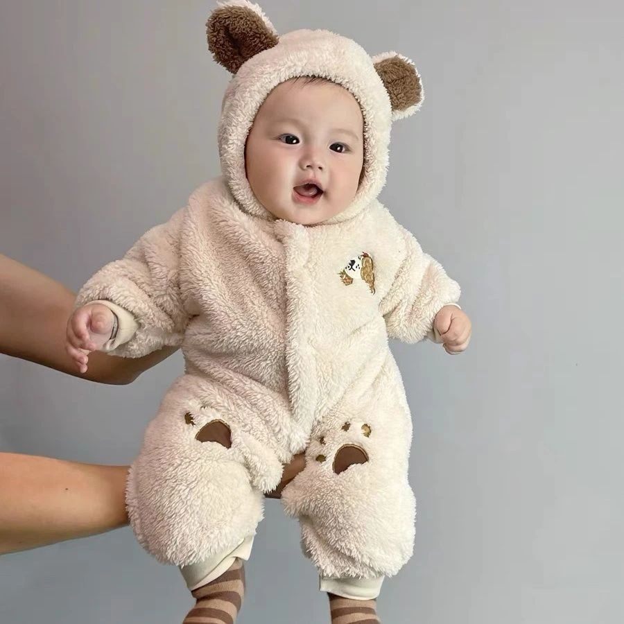 婴儿加绒连体衣保暖家居服连帽法兰绒哈衣秋冬装宝宝外穿加厚爬服