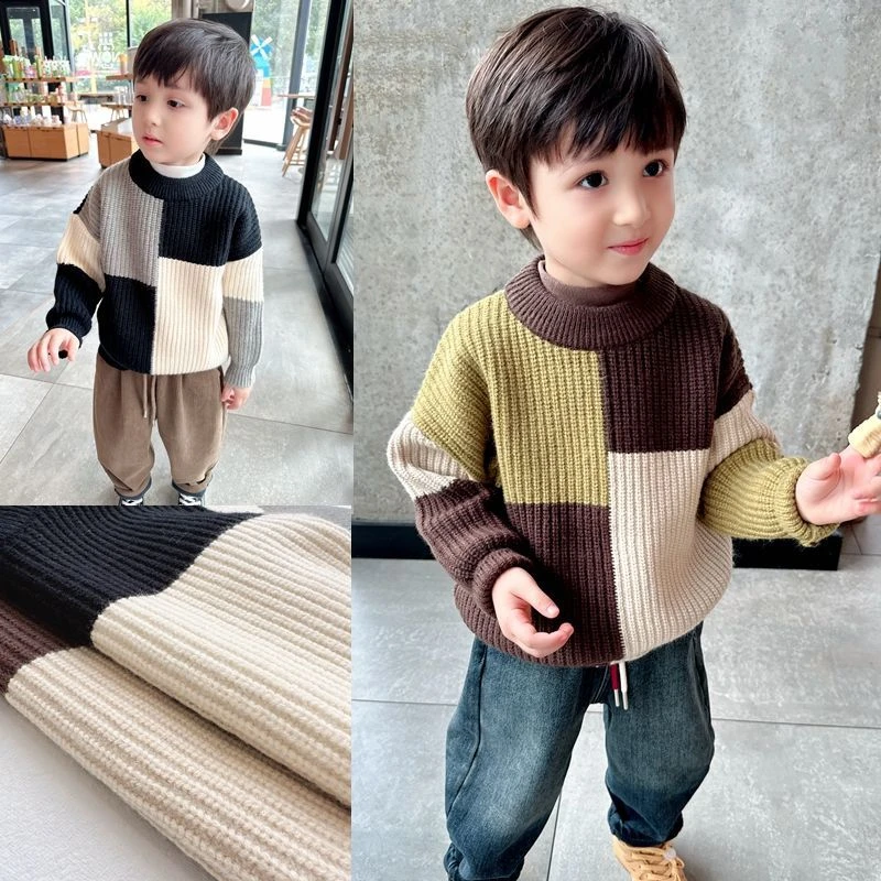 童装儿童毛衣加厚保暖秋冬装新款韩版男童洋气拼色毛衣针织衫