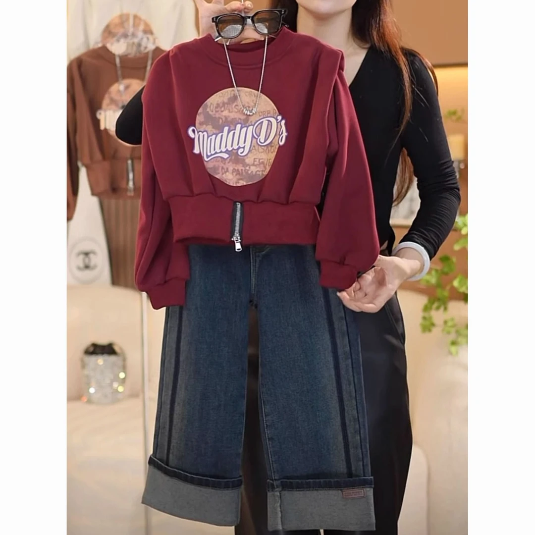 女童加绒卫衣牛仔裤套装2023秋冬新款时髦洋气儿童设计感阔腿裤子