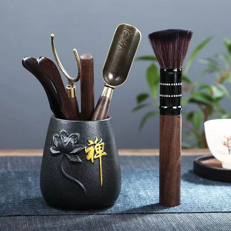 陶瓷罐子茶道六君子实木黑檀木配件套装喝茶用品桌面装饰摆件