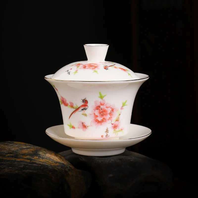 羊脂玉瓷描金盖碗三才盖碗家用白瓷盖碗冲茶碗青花茶敬茶碗茶具