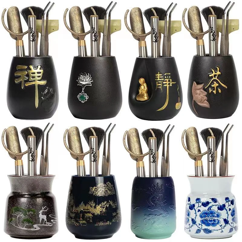 檀木茶道6君子泡茶工具茶具用品大全陶瓷茶桶茶针茶勺茶托