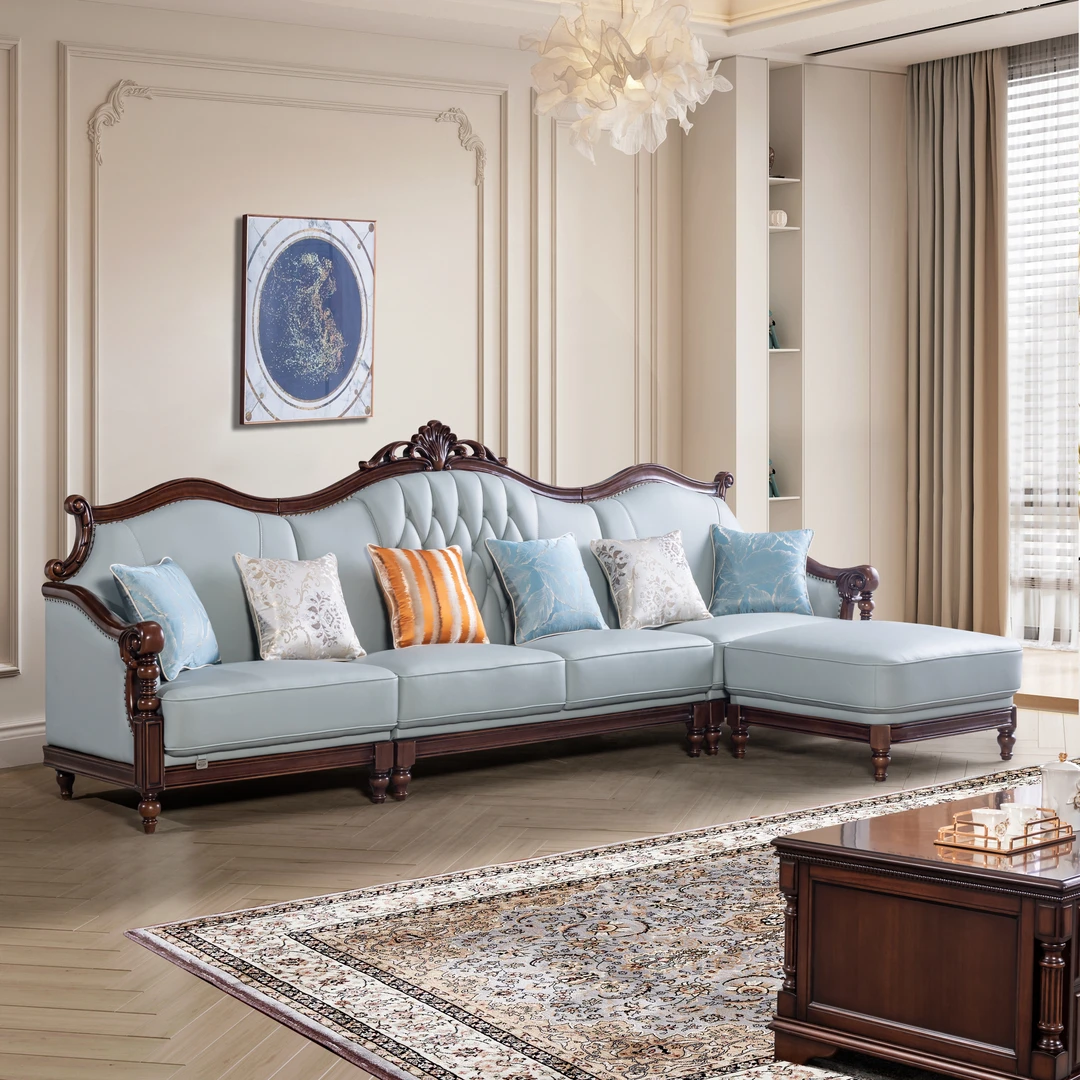 美式直排成套简约头层牛皮沙发雕花做旧实木沙发欧式客厅品质家具