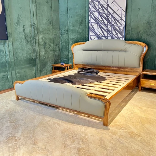客厅床头床尾头层牛皮轻奢简约主卧大床北欧极简皮床实木床婚床