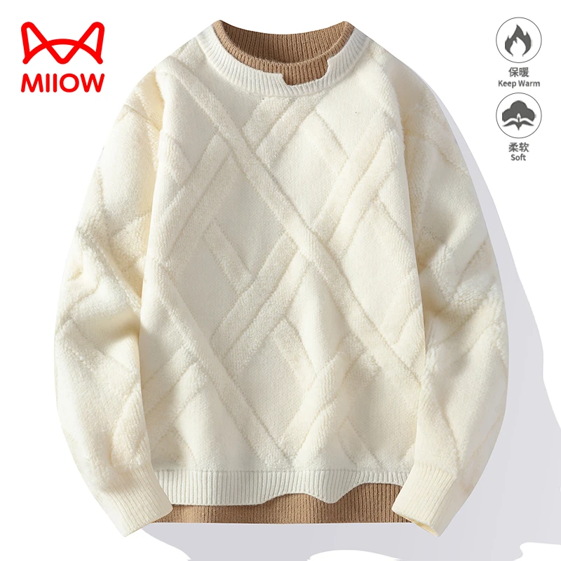 猫人假两件毛衣男士秋冬季2024新款青少年潮流加绒加厚圆领针织衫