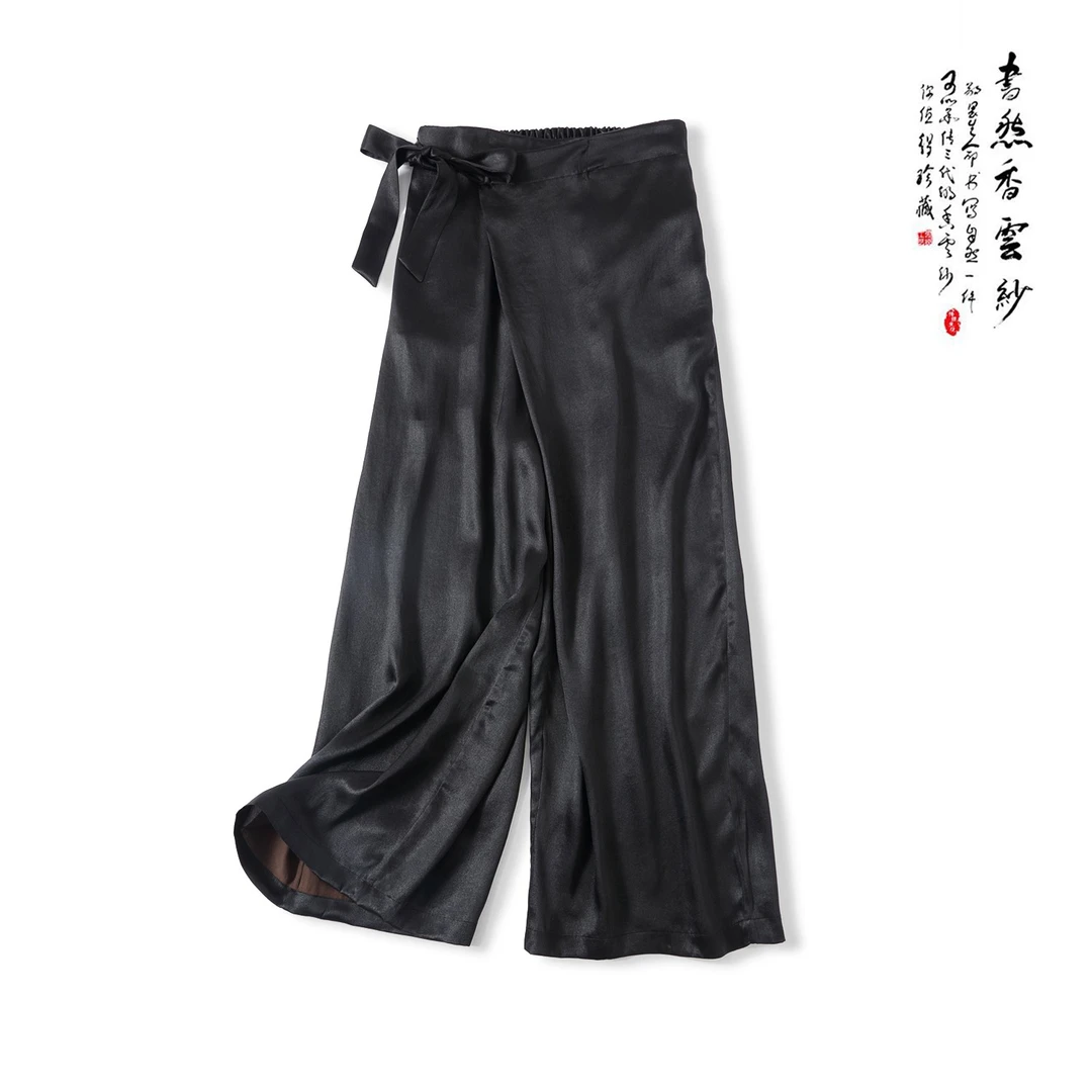 【清风明月—婉尔】S1901 香云纱纯色百搭黑色系带裤子
