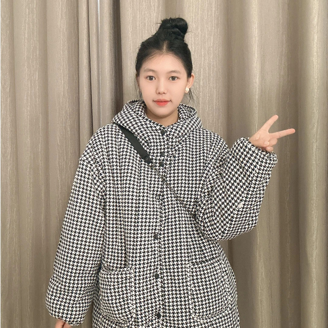 三七家新疆棉花【千鸟格中长款】连帽宽松家居服保暖棉衣棉服花棉袄