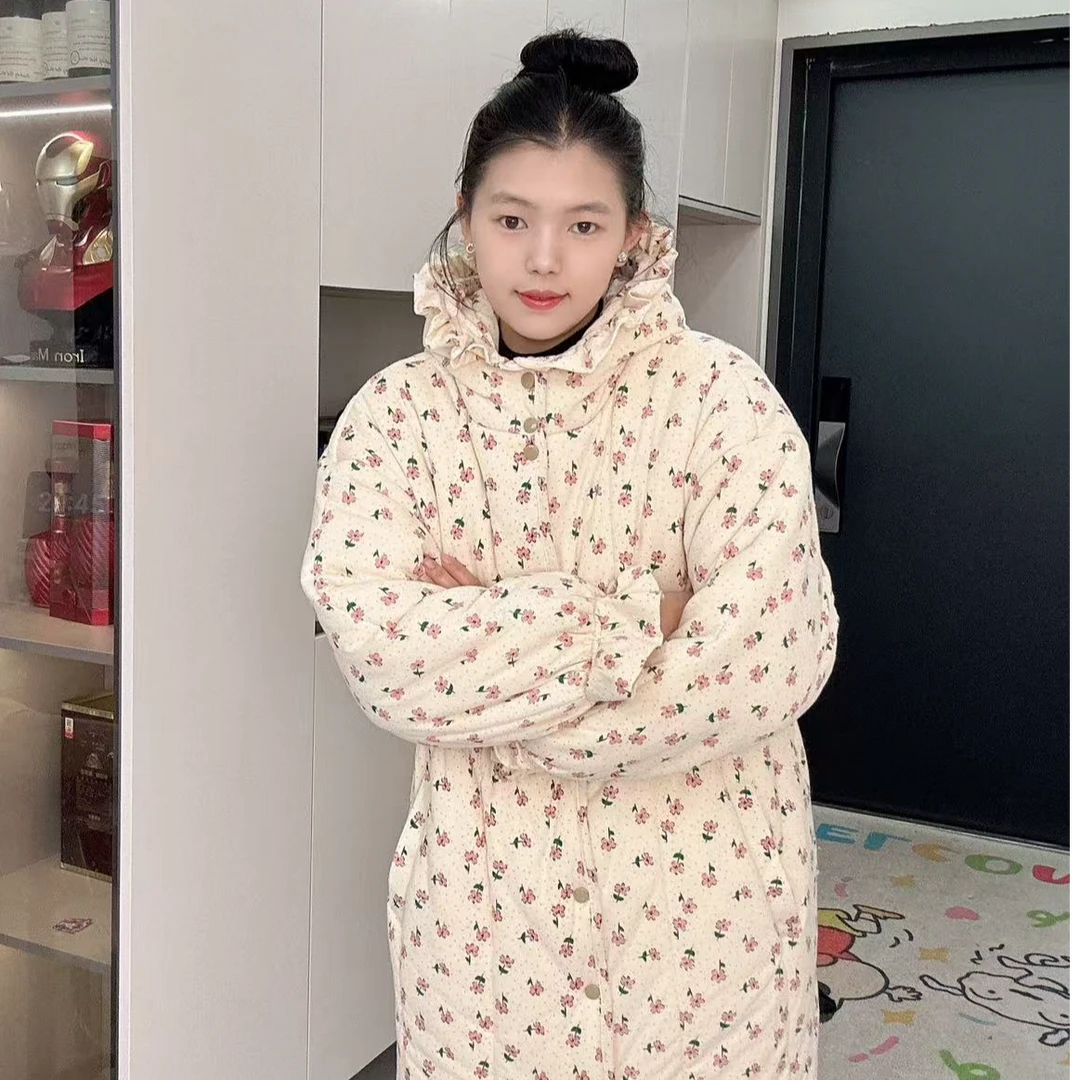 三七家新疆棉花【粉色小花】收腰花边帽宽松家居服女保暖棉衣棉服