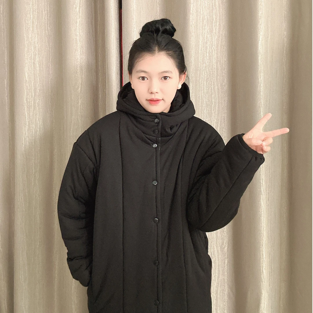 SQ新疆棉花【纯黑色】连帽直筒中长款宽松家居服女保暖棉衣棉服