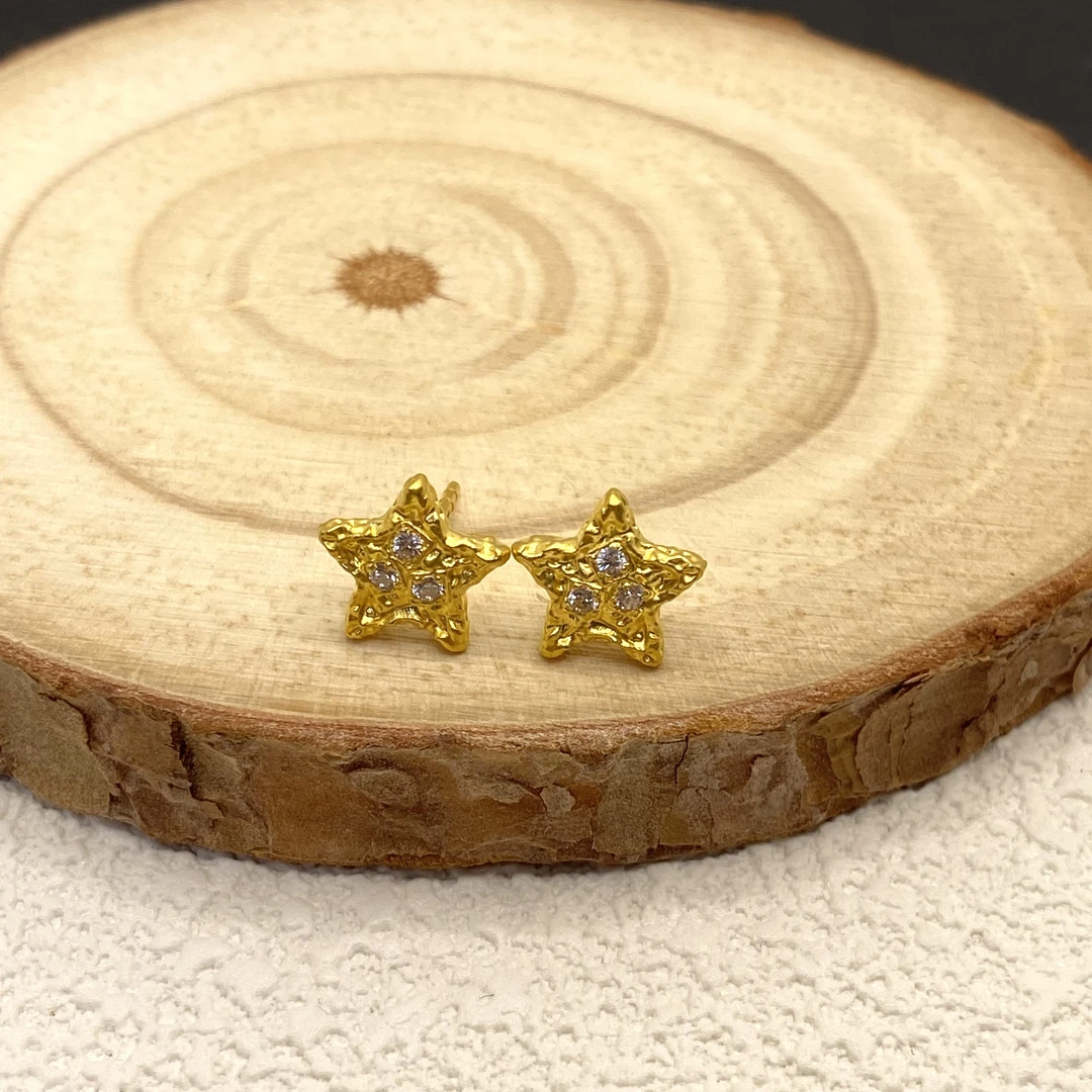 【金喜圆】足金999 锤纹星星耳钉/带钢印证书