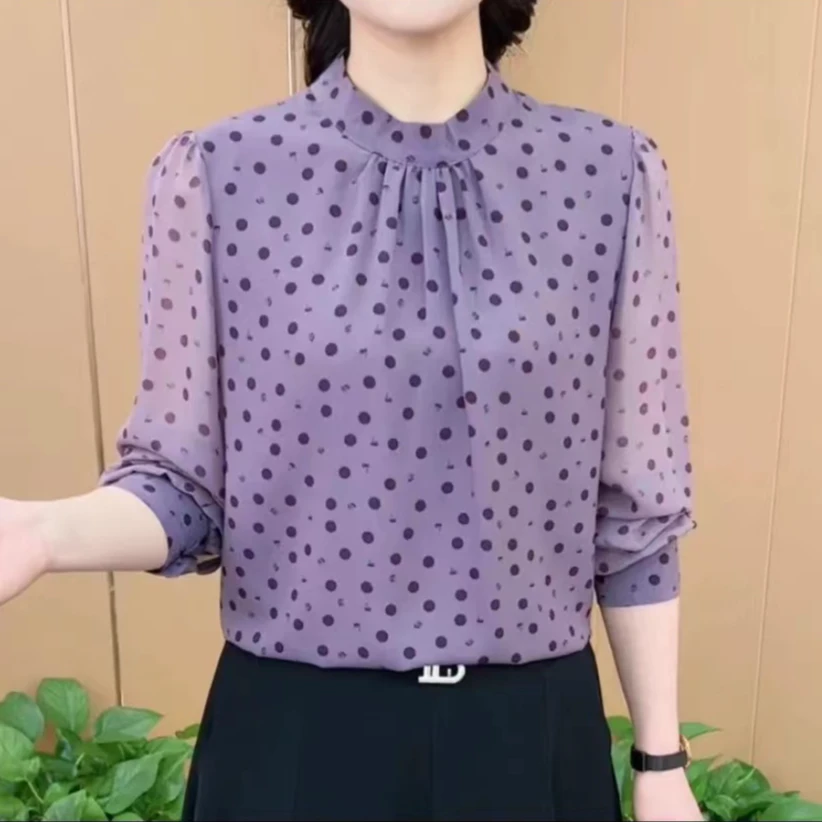 妈妈春秋2024新款气质百搭衬衫领印花网纱小衫洋气显瘦长袖上衣女