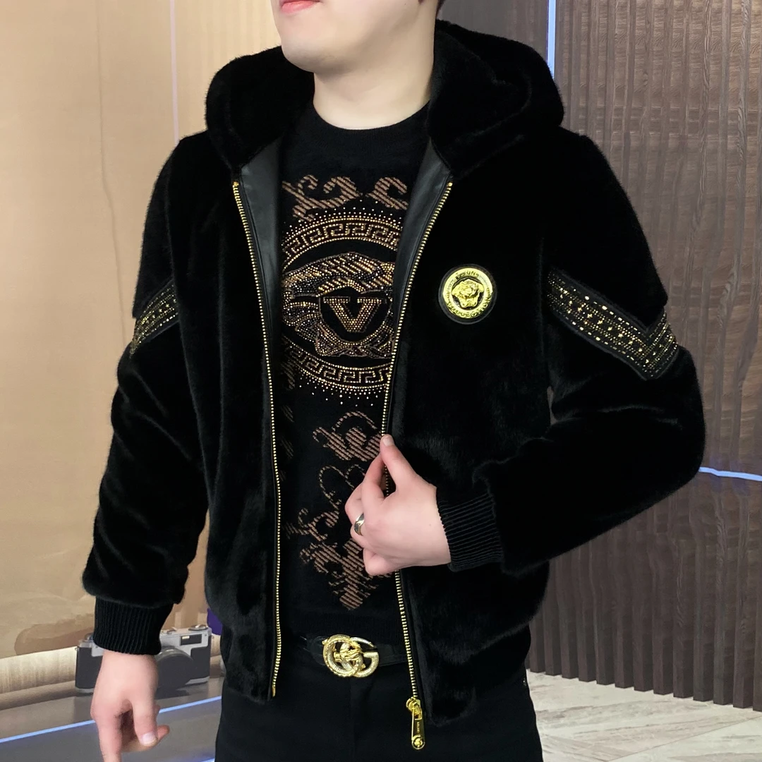 欧货男士雪狼貂绒连帽外套连帽全拉夹克秋冬保暖轻奢短款潮流休闲