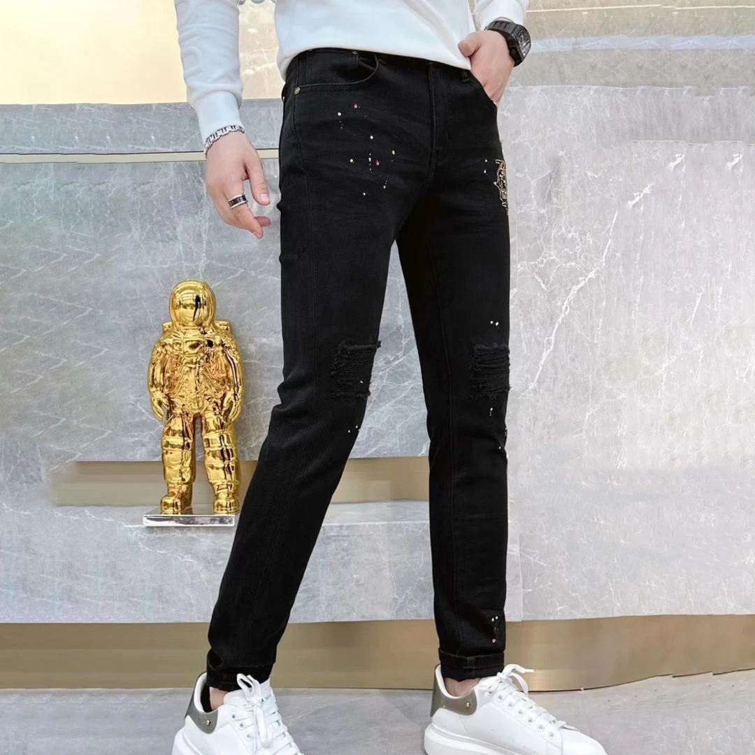 欧货破洞牛仔裤男款美式男裤轻奢黑色小脚牛仔裤繁星点点