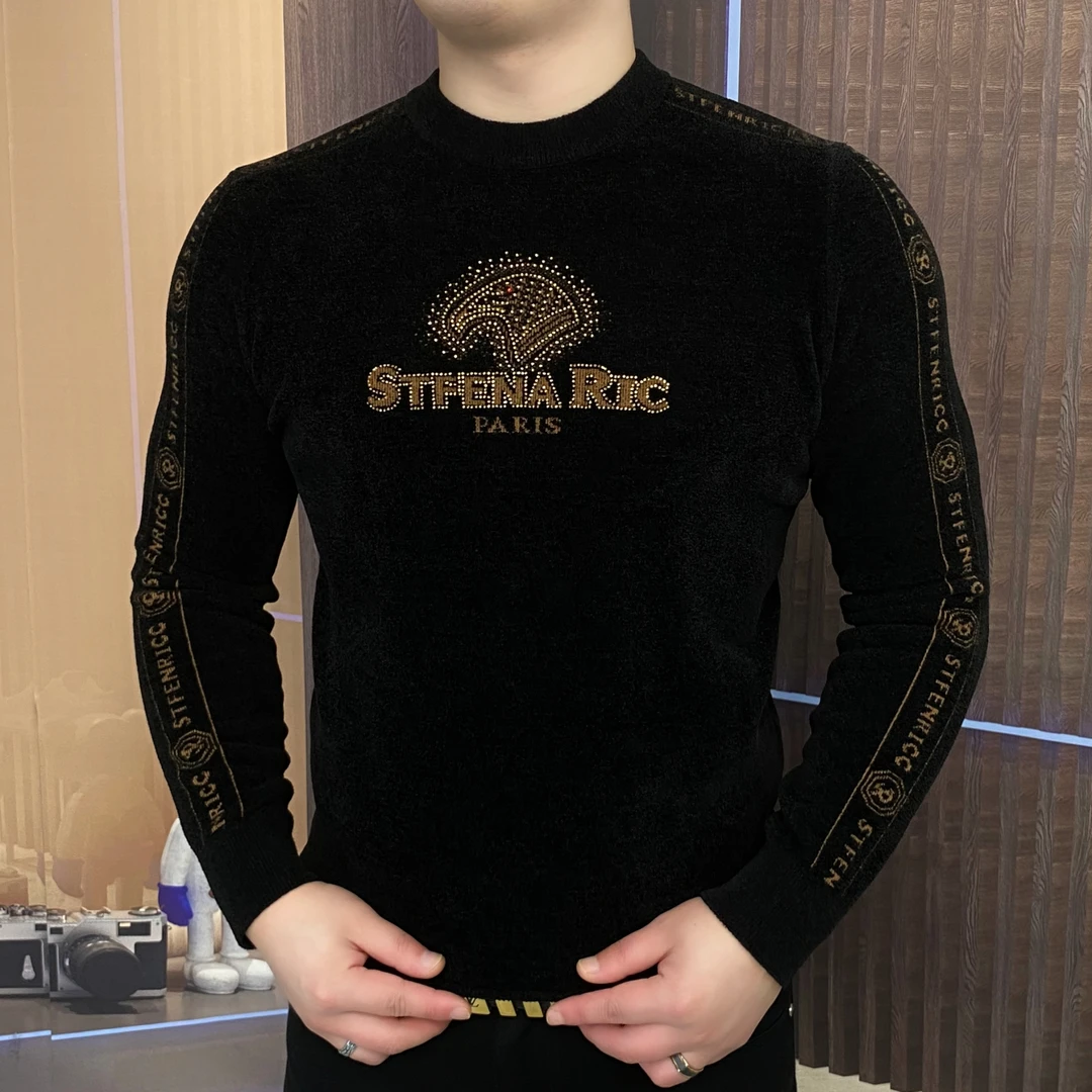 冬季针织天鹅绒男士长袖时尚潮流加绒修身加厚保暖圆领半高领休闲