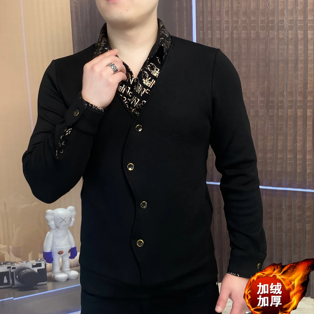 男士纽扣假两件长袖时尚秋冬加绒加厚卫衣百搭商休闲潮流长袖男装