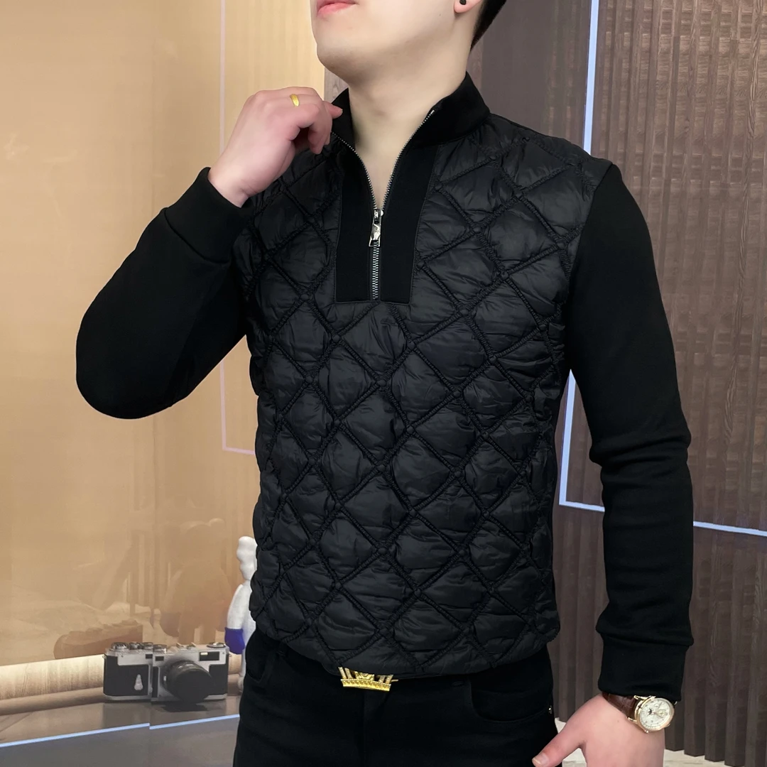 欧货冬季保暖打格立领拼接男士加绒卫衣修身弹性时尚半拉链立领