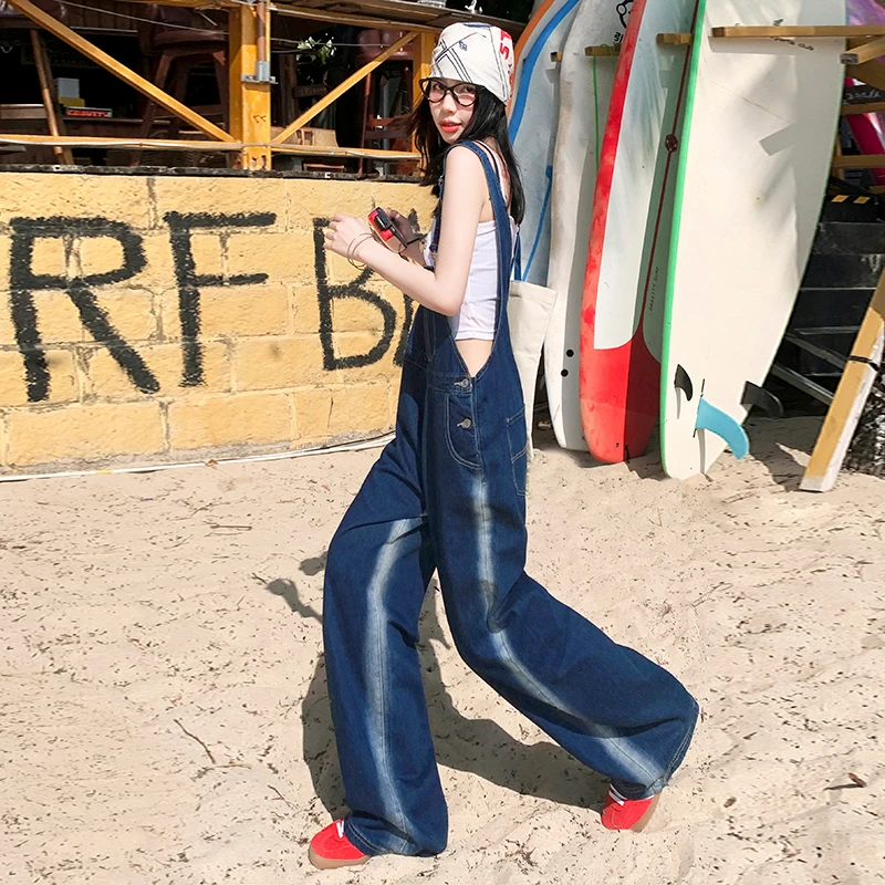 韩版背带裤女春秋网红宽松设计感撞色百搭直筒拖地阔腿牛仔裤女潮