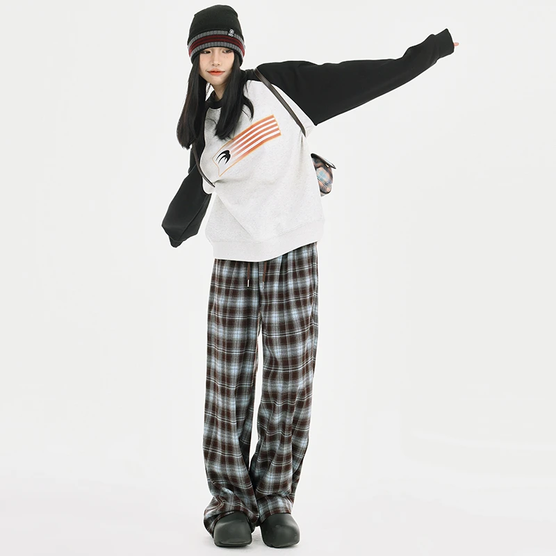 复古格子爆款直筒拖地阔腿裤女秋冬宽松休闲裤高街显瘦美式格子裤