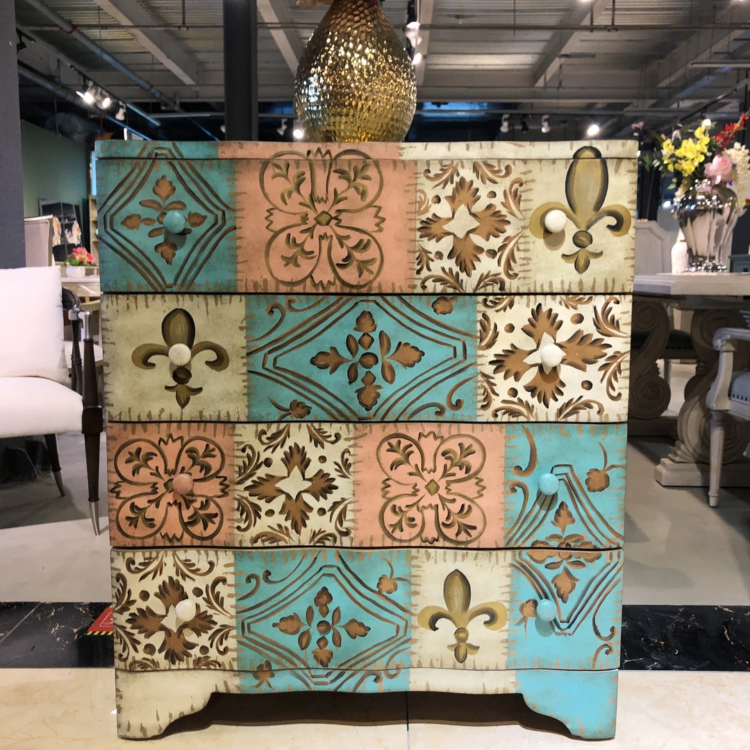 CS美式经典复古居家置物客厅卧室摆件-彩绘柜子-尺寸：785*400*920