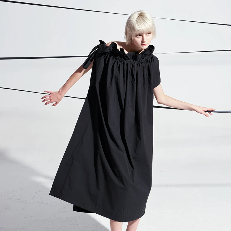 盖娅 卡其色 连衣裙黑色纯色长裙拼接夏季