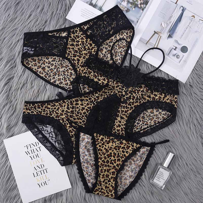 新款豹纹冰丝性感蕾丝女士内裤中低腰无痕豹纹镂空诱惑日系内裤女