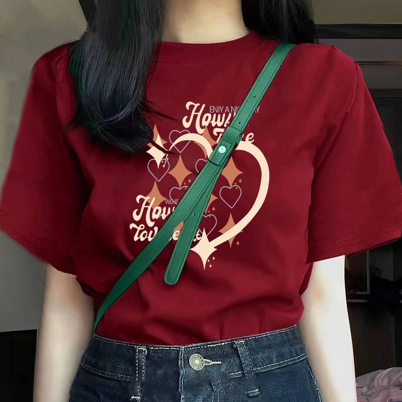 夏季纯棉短袖t恤女2024新款网红爆款女装百搭宽松印花休闲酒红色