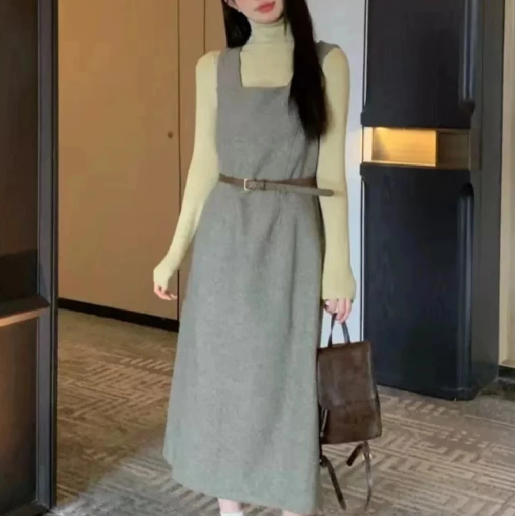 十三行法式方领套头背心连衣裙女春秋新款收腰显瘦中长款直筒裙