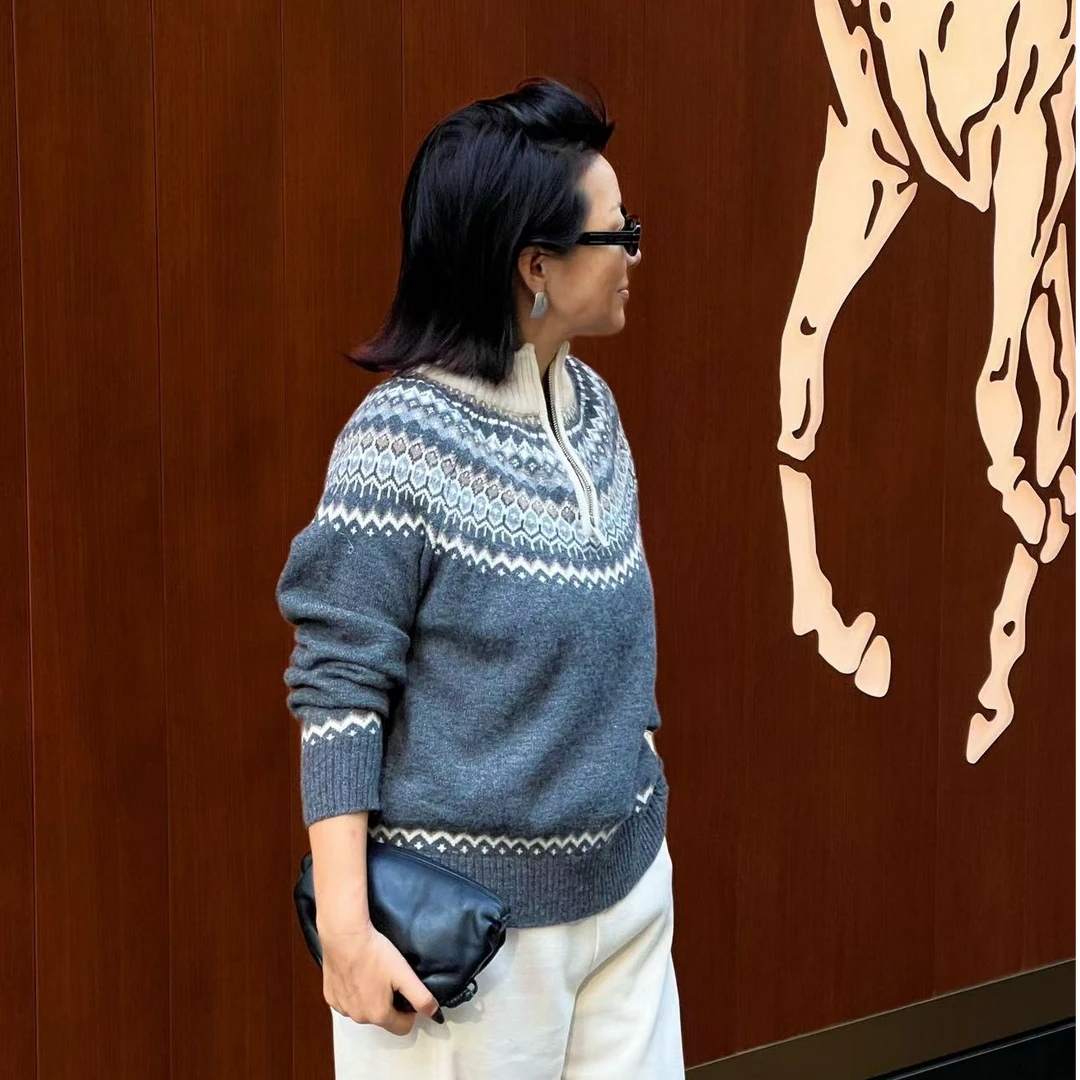 Fen姐|【摩登风情】LP柜款费尔岛提花半拉链套头气质针织上衣90031