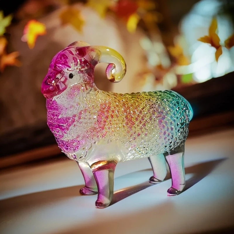 【KNIGHT水晶工坊】十二生肖水晶琉璃彩色大羊桌面玄关车载流行装饰