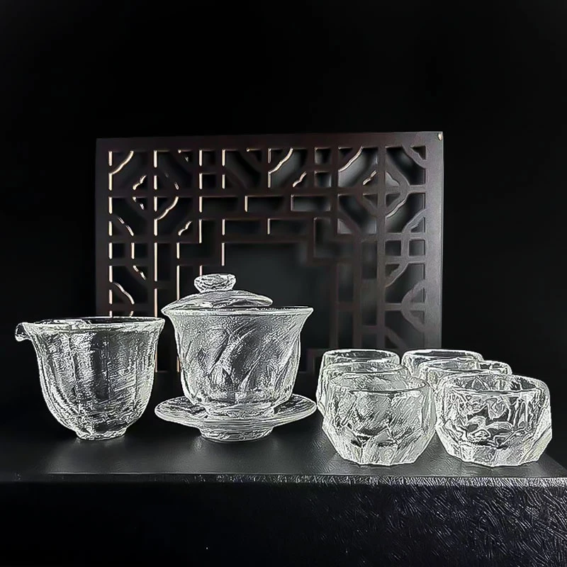 晶灵水晶原矿水晶十件套盖碗公道主人杯手工打磨耐热高端礼盒装