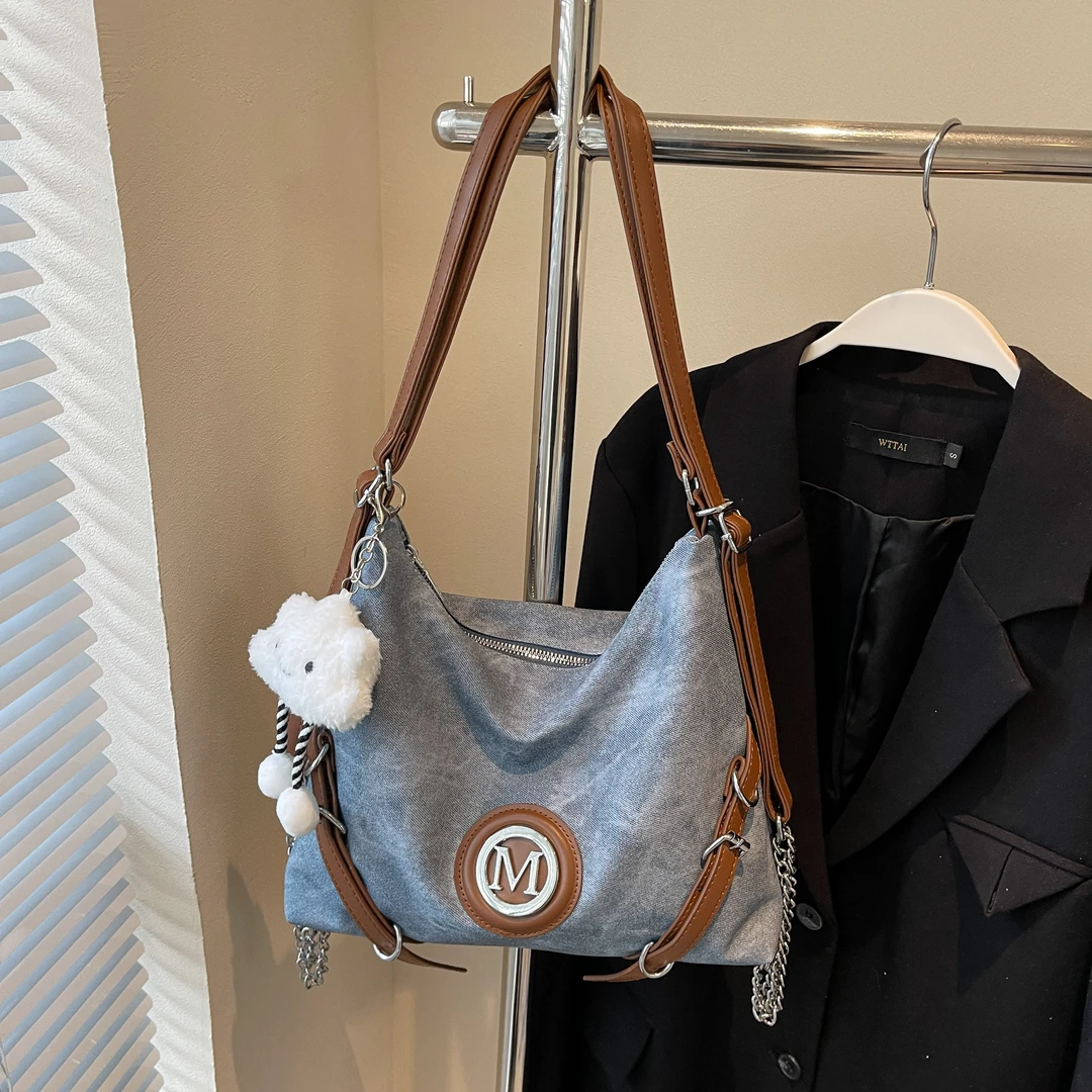 秋冬新款时尚大容量一包多用牛仔托特包学生上课通勤单肩斜挎包