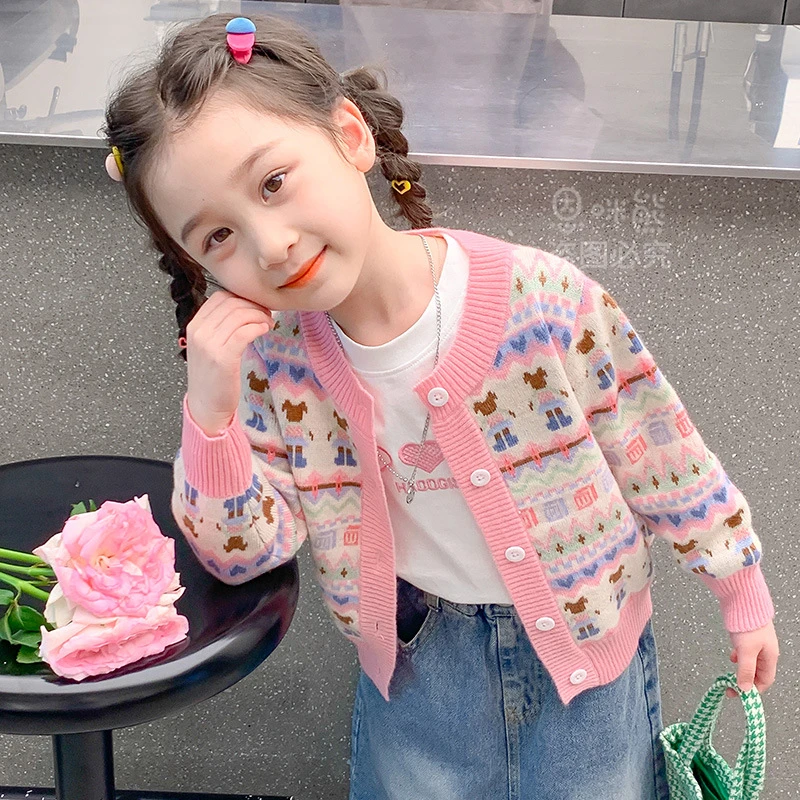 女童毛衣加绒加厚针织开衫春秋新款洋气宝宝外套儿童衣服时尚
