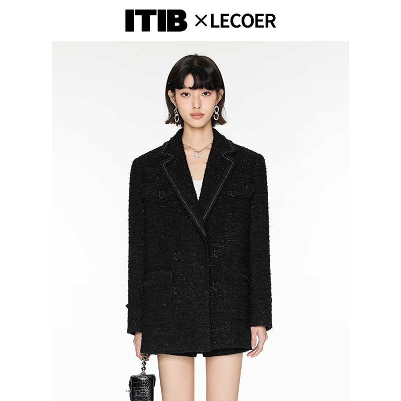 ITIB西装女士2023新款LECOER设计师联名小香风纯色中长款时尚外套