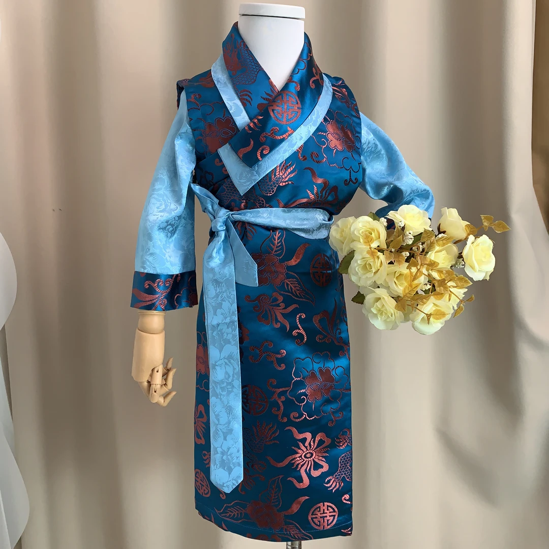 儿童五色藏式西藏服孔雀蓝博拉裙女童网红长款民族风绣花ins舞台