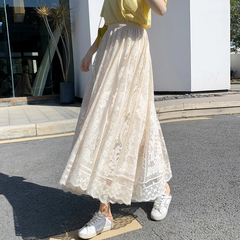 2024春夏季女高腰显瘦半身裙中长款网纱仙女裙超仙蕾丝大摆伞裙子