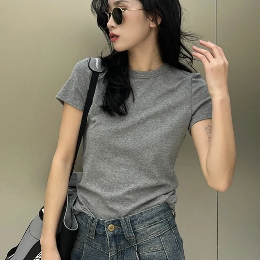 短袖正肩网红款t恤女夏纯棉设计感小众显瘦高腰辣妹短款简约上衣