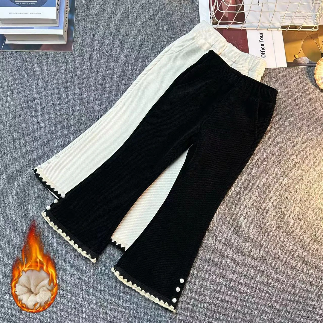 现货 女童裤子加绒加厚冬装2024新款韩版洋气休闲儿童喇叭裤潮