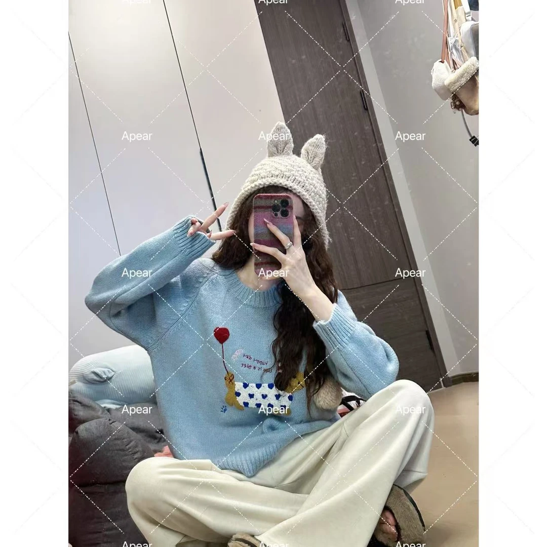Apear♥旺财布丁~韩系圆领慵懒软糯减龄腊肠小狗爱心刺绣毛衣