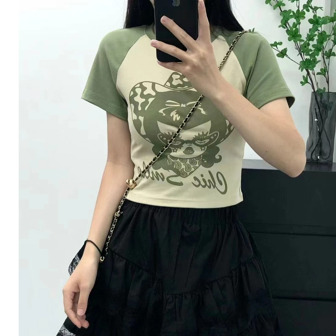 2024新款小众设计师品牌新中式拼色女孩擦肩袖短T洋气设计感