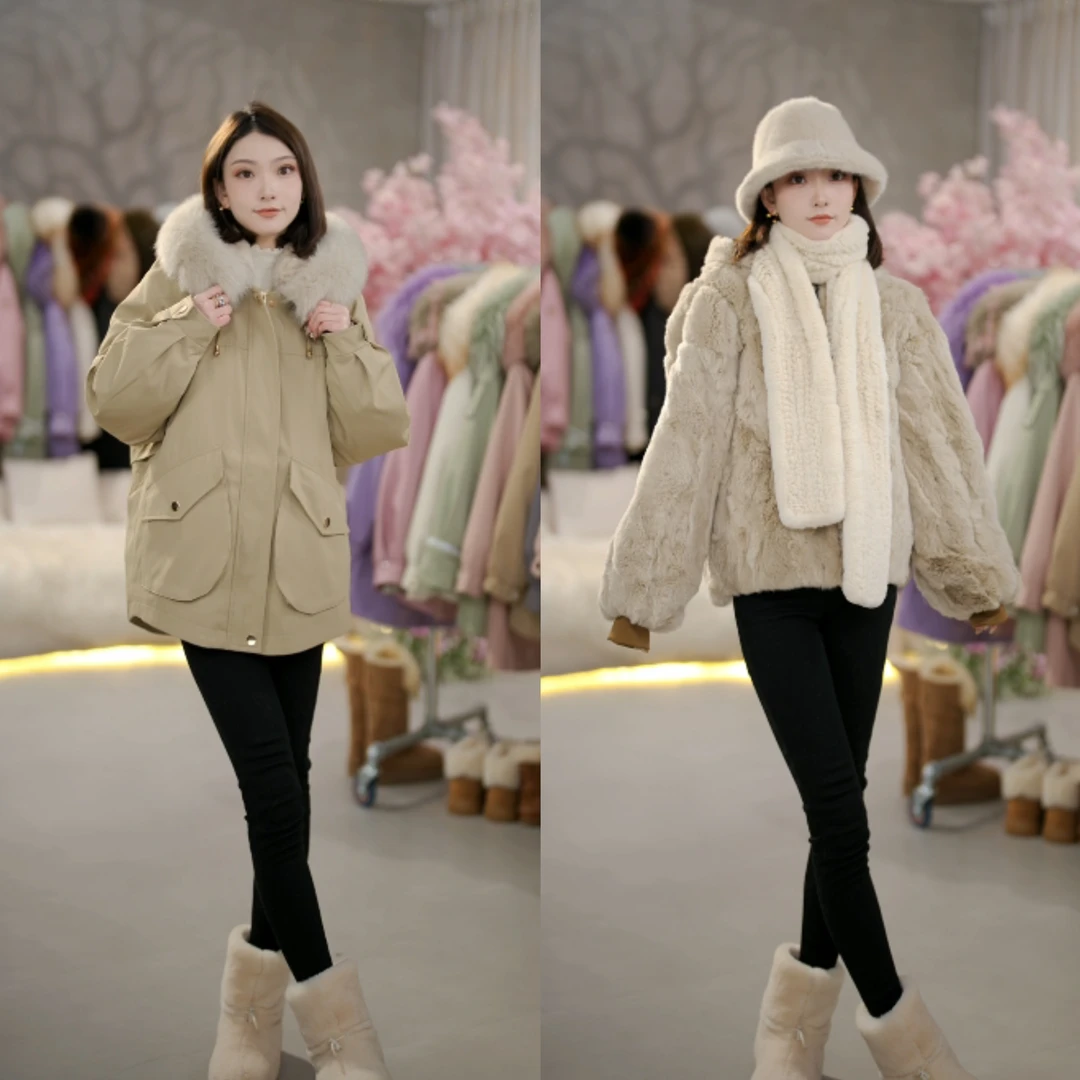 【小雪花獭兔毛+毛袖】一衣三穿皮草派克服5866