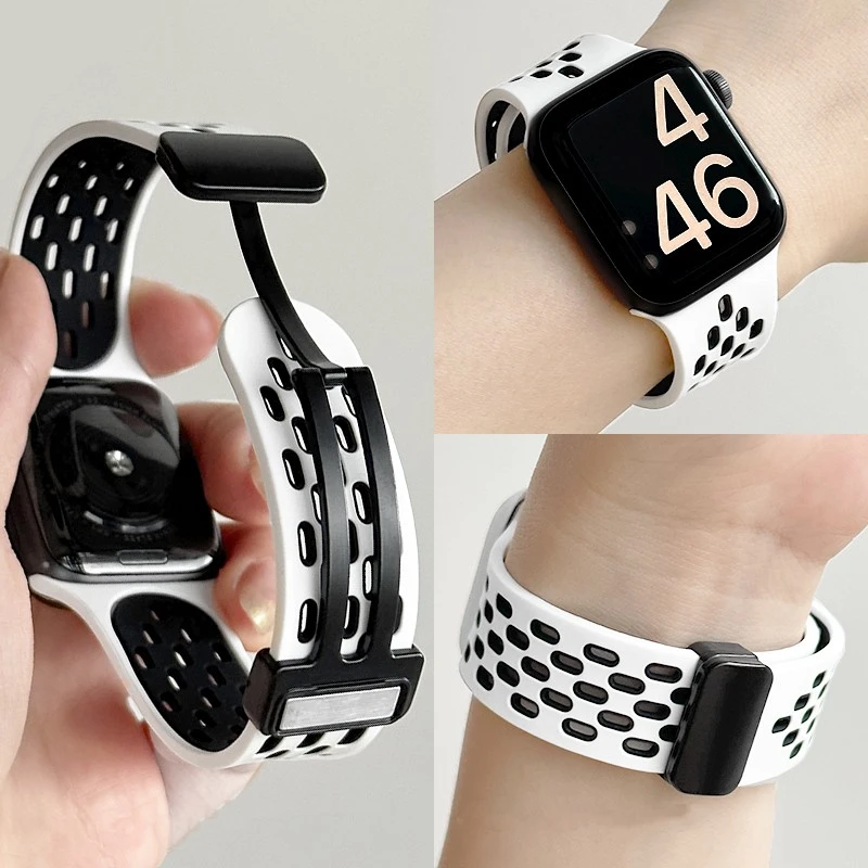 适用苹果Applewatch8双色S10磁吸折叠扣iwatch9表带黑色透气Ultra