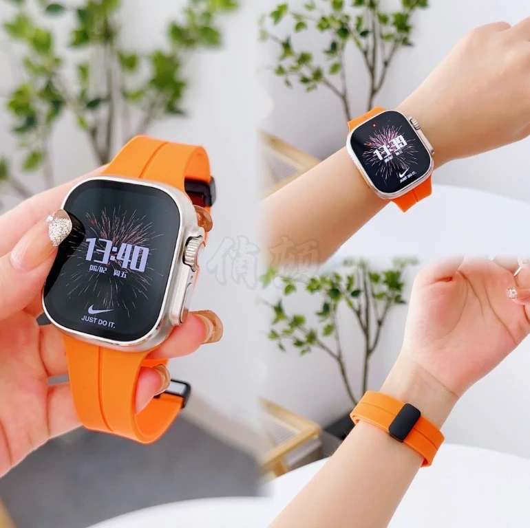 适用苹果appleiwatch手表S8/7型号ultra磁吸折叠扣液态硅5/4/腕带