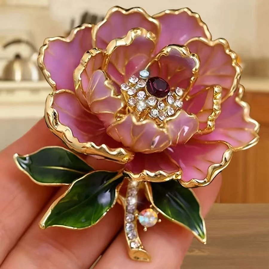 合金合成锆石胸针 高档牡丹花国潮胸花气质别针花朵旗袍西装配饰