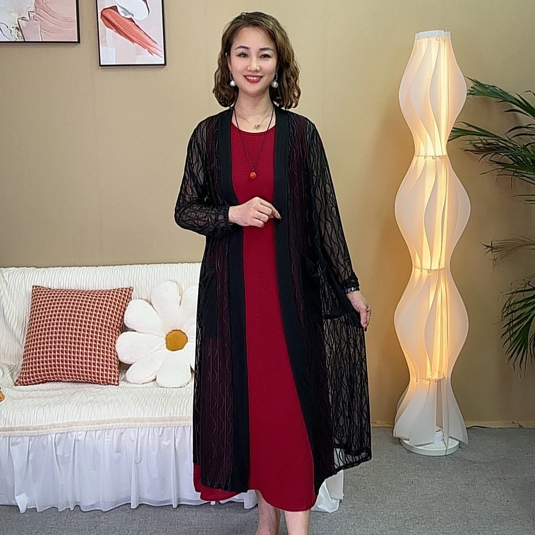 夏季新款透气水波纹网纱设计洋气时尚气质百搭中长款大码外披风衣